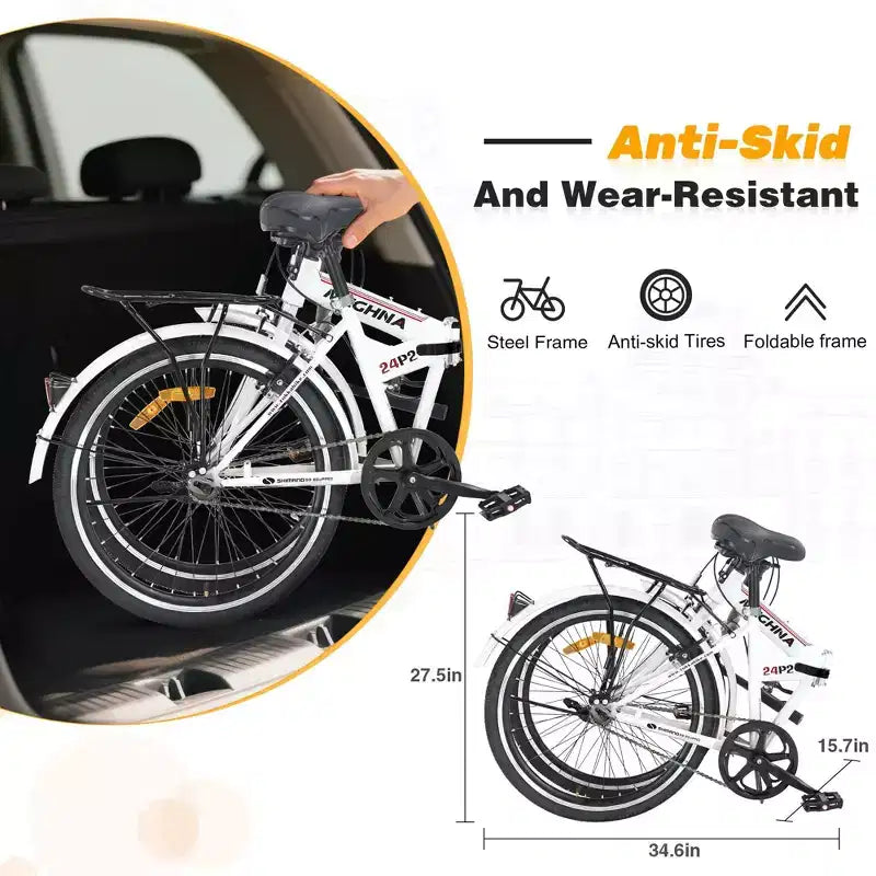 NAYSAYE Bicicletta Pieghevole da 24 Pollici per Adulti con Parafanghi, Telaio in Acciaio, Monovelocità, Bici da Città, Bianco Chiaro, 63*22.83*45.6