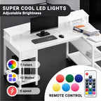 Bureau gaming en L Bestier avec lumières LED RVB, station de chargement USB, prise électrique, support d'écran et étagères de rangement
