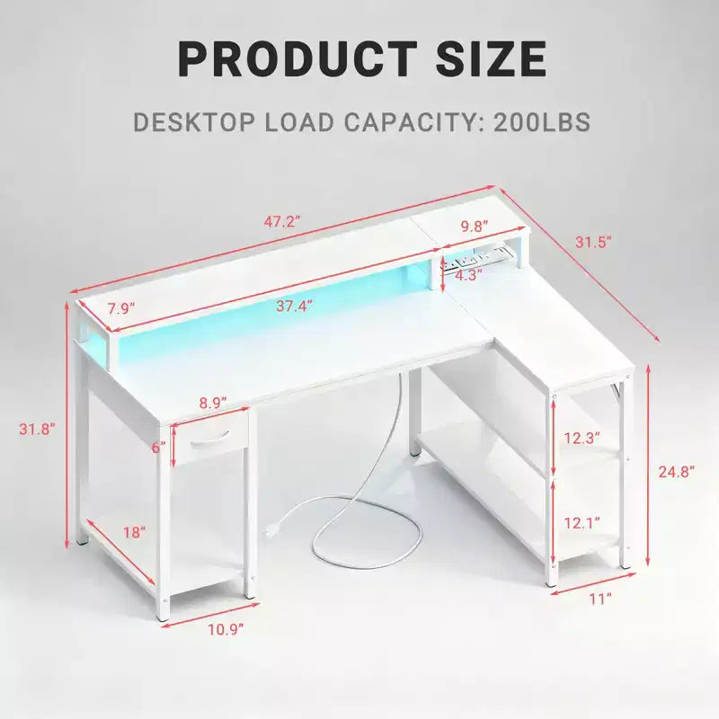 Bureau gaming en L Bestier avec lumières LED RVB, station de chargement USB, prise électrique, support d'écran et étagères de rangement