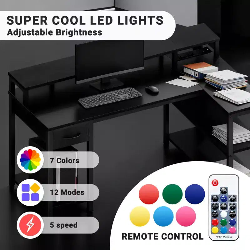 Bureau gaming en L Bestier avec lumières LED RVB, station de chargement USB, prise électrique, support d'écran et étagères de rangement