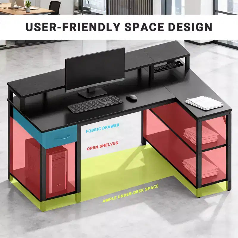 Bureau gaming en L Bestier avec lumières LED RVB, station de chargement USB, prise électrique, support d'écran et étagères de rangement
