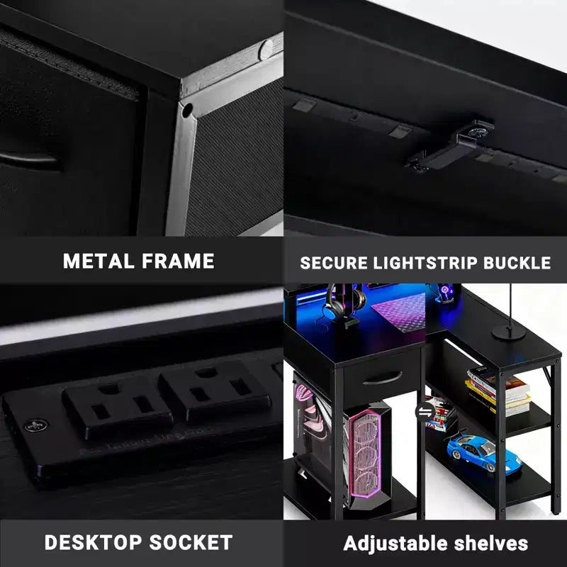 Bureau gaming en L Bestier avec lumières LED RVB, station de chargement USB, prise électrique, support d'écran et étagères de rangement