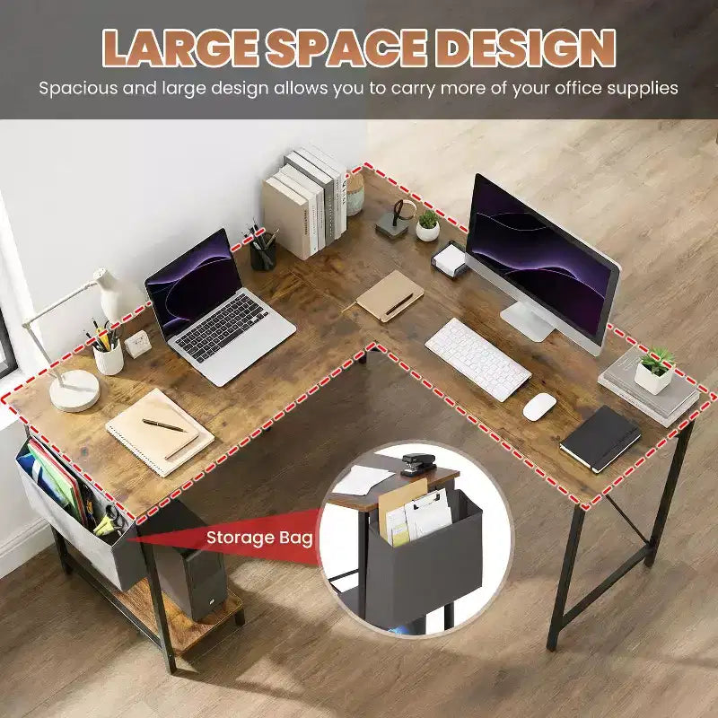BestMassage Bureau d'ordinateur moderne en L pour bureau à domicile, bureau de jeu robuste avec support CPU et sac de rangement