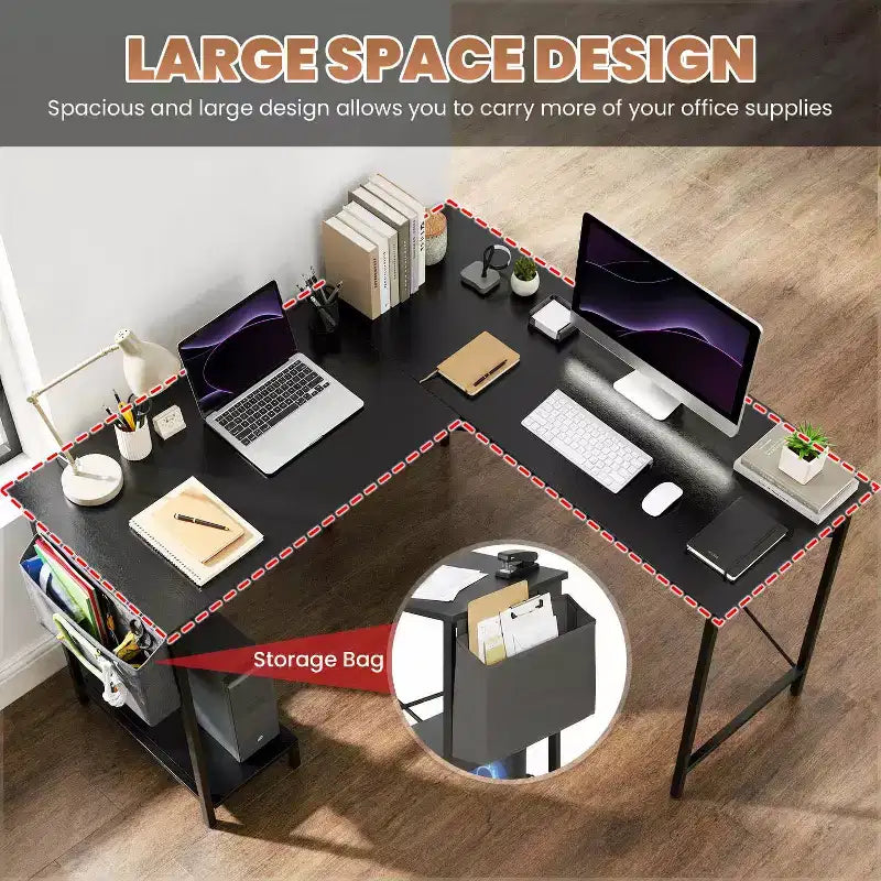 BestMassage Bureau d'ordinateur moderne en L pour bureau à domicile, bureau de jeu robuste avec support CPU et sac de rangement