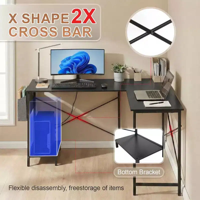 BestMassage Bureau d'ordinateur moderne en L pour bureau à domicile, bureau de jeu robuste avec support CPU et sac de rangement