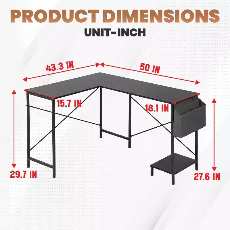 BestMassage Bureau d'ordinateur moderne en L pour bureau à domicile, bureau de jeu robuste avec support CPU et sac de rangement