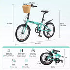 Bici Pieghevole da 20 Pollici per Adulti con Cestino, Supporto per Telefono e Parafanghi, Telaio in Acciaio, 6 Velocità, Bici da Città, Freni a V Doppi, Bici Portatile Compatta