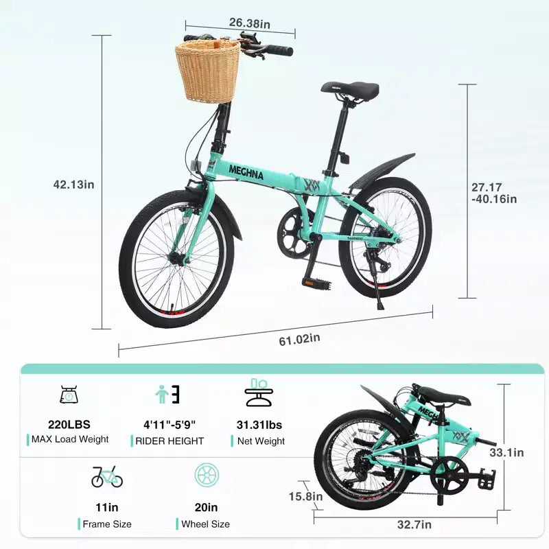 Bici Pieghevole da 20 Pollici per Adulti con Cestino, Supporto per Telefono e Parafanghi, Telaio in Acciaio, 6 Velocità, Bici da Città, Freni a V Doppi, Bici Portatile Compatta