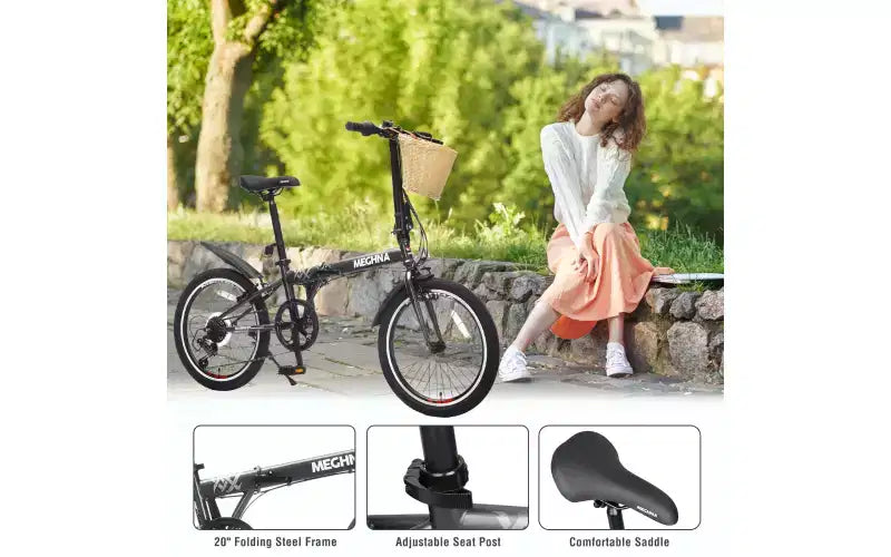 Bici Pieghevole da 20 Pollici per Adulti con Cestino, Supporto per Telefono e Parafanghi, Telaio in Acciaio, 6 Velocità, Bici da Città, Freni a V Doppi, Bici Portatile Compatta