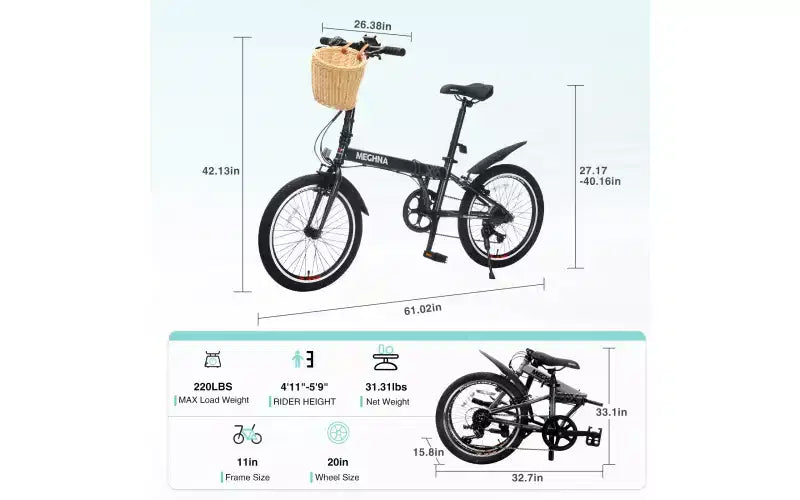 Bici Pieghevole da 20 Pollici per Adulti con Cestino, Supporto per Telefono e Parafanghi, Telaio in Acciaio, 6 Velocità, Bici da Città, Freni a V Doppi, Bici Portatile Compatta