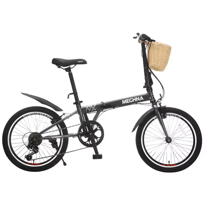 Bici Pieghevole da 20 Pollici per Adulti con Cestino, Supporto per Telefono e Parafanghi, Telaio in Acciaio, 6 Velocità, Bici da Città, Freni a V Doppi, Bici Portatile Compatta