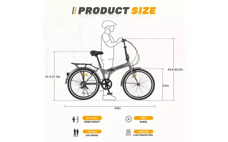 Bici Pieghevole da Città 24 Pollici, Telaio in Acciaio, 7 Velocità, Bici Pieghevole, Bici, Telaio in Acciaio ad Alta Resistenza, Freni V-Brake