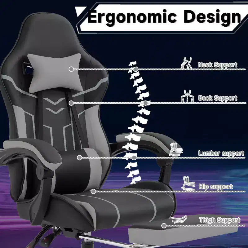 Chaise de jeu MAYEERTY, chaise d'ordinateur, chaise ergonomique avec repose-pieds et soutien lombaire pour salon, noir-gris