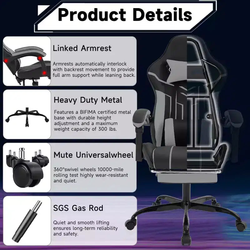 Chaise de jeu MAYEERTY, chaise d'ordinateur, chaise ergonomique avec repose-pieds et soutien lombaire pour salon, noir-gris