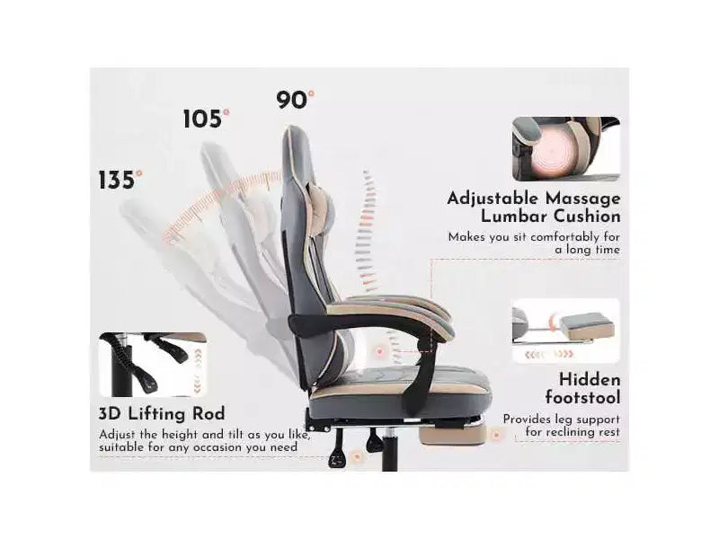 Sedia da gaming MAYEERTY, sedia da computer ergonomica con poggiapiedi e supporto lombare massaggiante, sedia da videogioco girevole regolabile in altezza blu beige