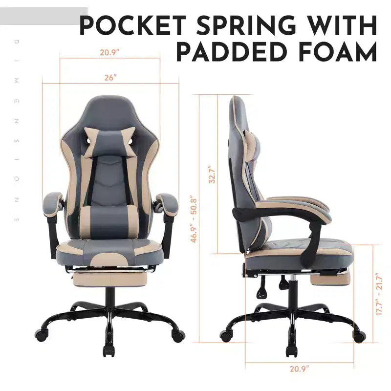 Sedia da gaming MAYEERTY, sedia da computer ergonomica con poggiapiedi e supporto lombare massaggiante, sedia da videogioco girevole regolabile in altezza blu beige