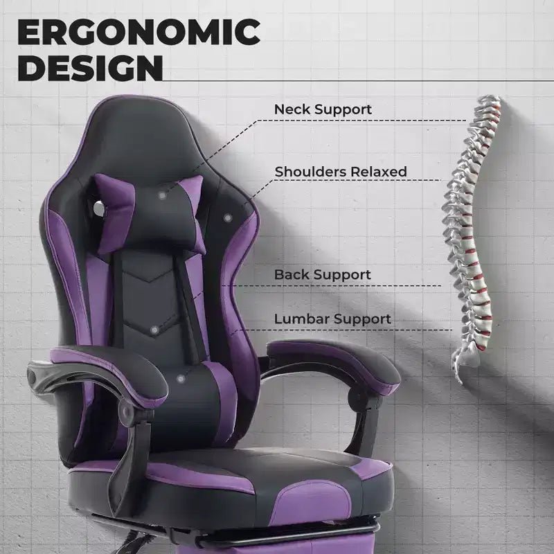 MAYEERTY Sedia Gaming, Sedia da Ufficio Ergonomica con Poggiapiedi e Supporto Lombare Massaggiante, Sedia da Videogiochi Girevole Regolabile in Altezza Viola Nero