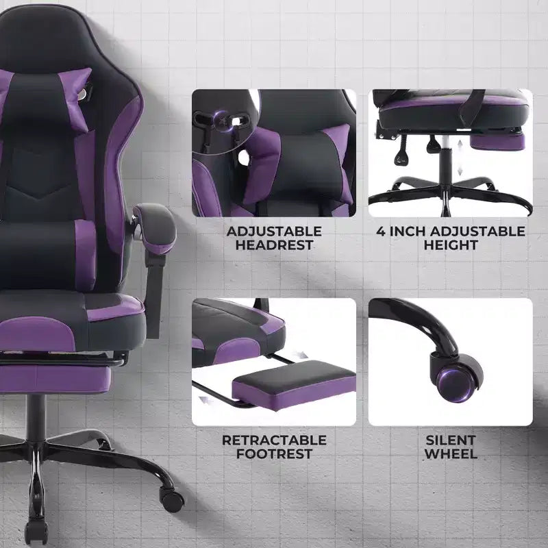 MAYEERTY Sedia Gaming, Sedia da Ufficio Ergonomica con Poggiapiedi e Supporto Lombare Massaggiante, Sedia da Videogiochi Girevole Regolabile in Altezza Viola Nero