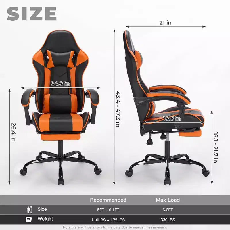Chaise de jeu MAYEERTY avec repose-pieds, chaise d'ordinateur ergonomique avec appui-tête et support lombaire, chaises de jeu vidéo réglables en hauteur Noir Orange