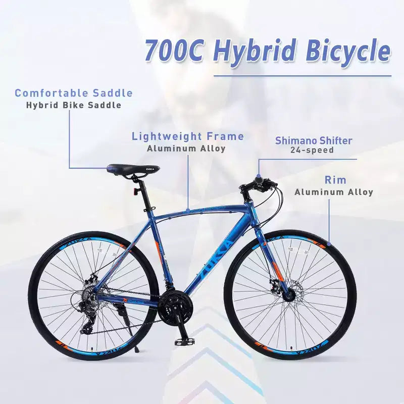 Vélo de route avec transmission 24 vitesses, vélo 700C avec freins à disque, cadre léger en alliage d'aluminium, vélo hybride de route pour hommes et femmes