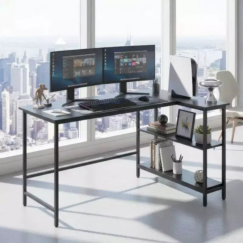 BestMassage Bureau d'angle en L moderne de 99 cm/109 cm avec étagère à 3 niveaux pour bureau à domicile, jeux et études, noir