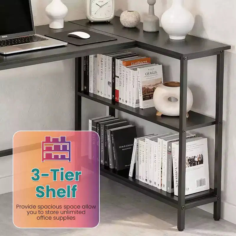BestMassage Bureau d'angle en L moderne de 99 cm/109 cm avec étagère à 3 niveaux pour bureau à domicile, jeux et études, noir