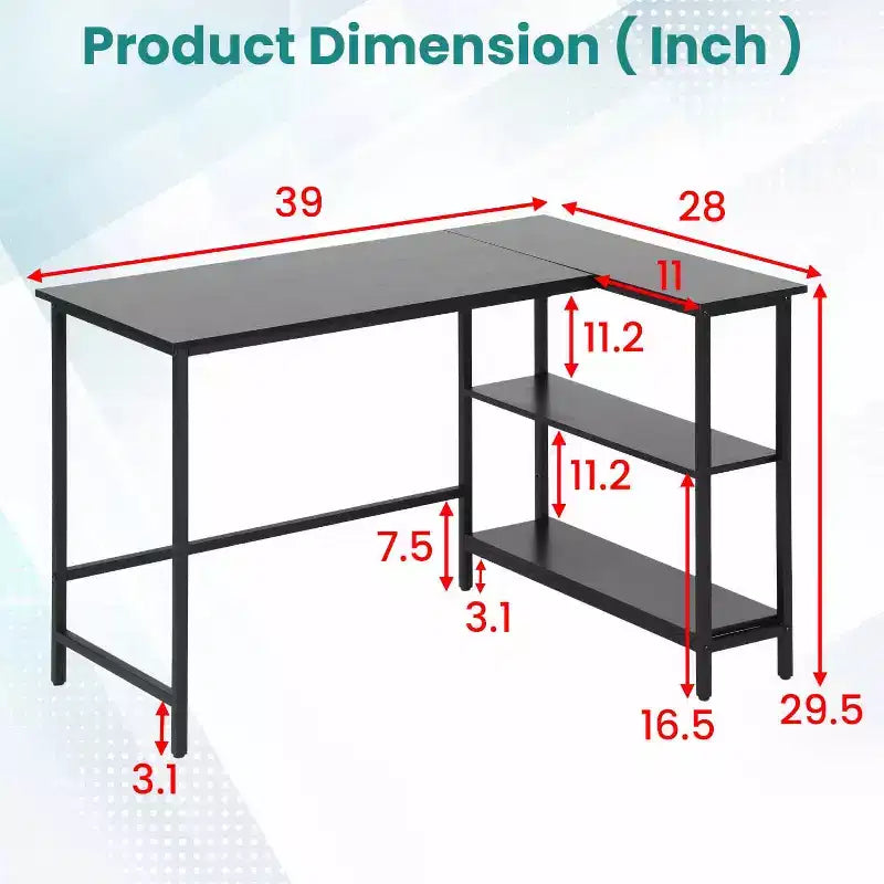BestMassage Bureau d'angle en L moderne de 99 cm/109 cm avec étagère à 3 niveaux pour bureau à domicile, jeux et études, noir
