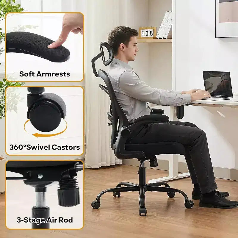 Chaise de bureau ergonomique, chaise de bureau d'ordinateur confortable avec accoudoirs relevables, chaise de jeu confortable avec support lombaire pour chambre à coucher, bureau, étudiant, siège large