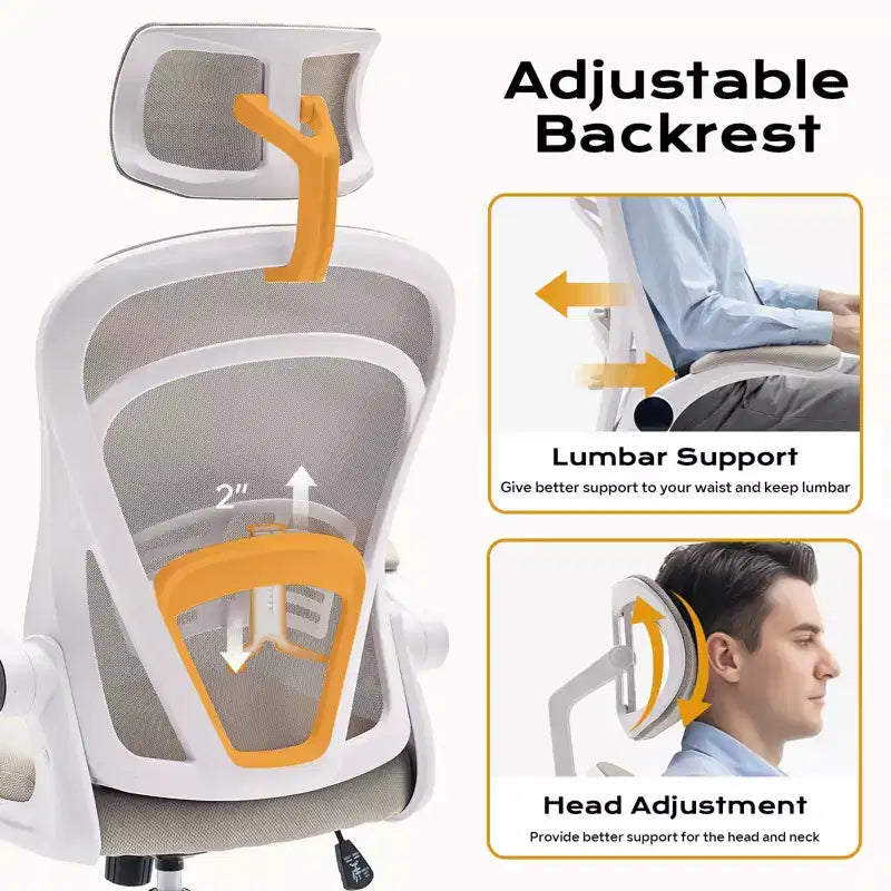 Chaise de bureau ergonomique avec accoudoirs relevables et support lombaire – Chaise de jeu à assise large pour bureau/chambre/domicile