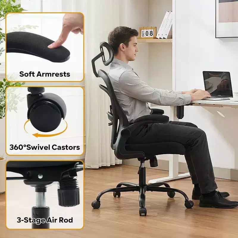 Chaise de bureau ergonomique avec accoudoirs relevables et support lombaire – Chaise de jeu à assise large pour bureau/chambre/domicile