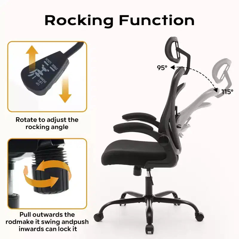 Chaise de bureau ergonomique avec accoudoirs relevables et support lombaire – Chaise de jeu à assise large pour bureau/chambre/domicile