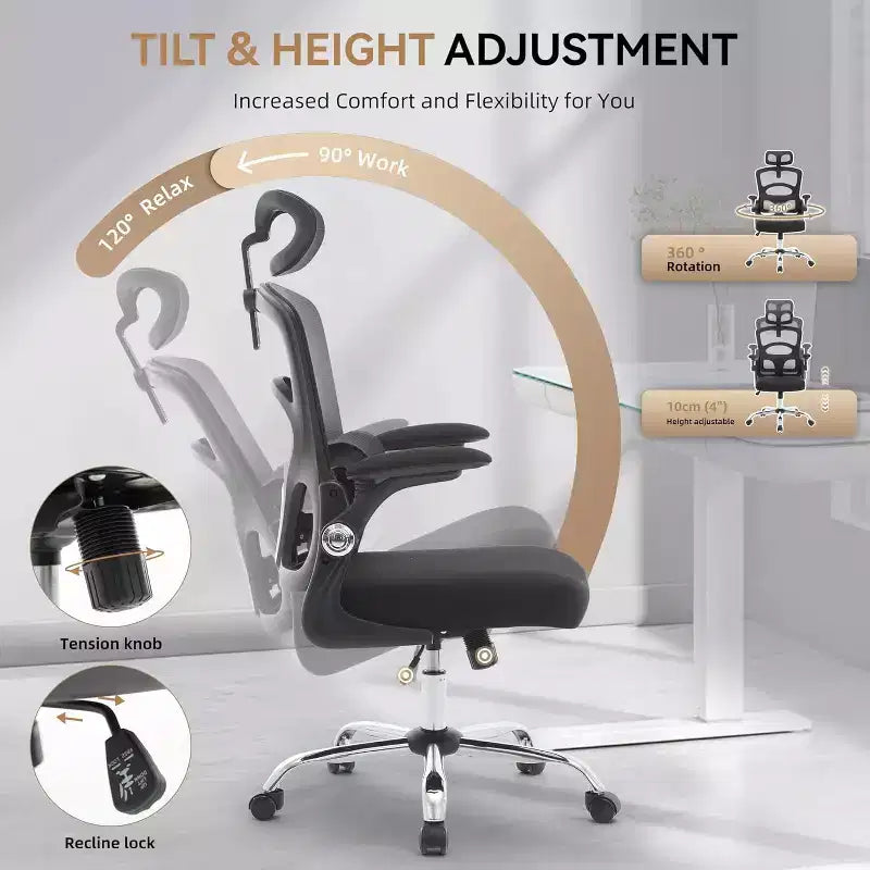 Chaise de bureau ergonomique à dossier haut en maille avec appui-tête réglable, chaise de bureau pivotante à roulettes pour la maison et la salle de jeux