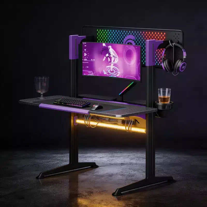 Bureau de jeu RSPGAME 54'' avec support de moniteur RVB, bureau de gamer à LED avec prise de courant, bureau d'ordinateur ergonomique avec boîtes de rangement, noir