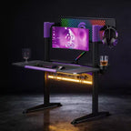Bureau de jeu RSPGAME 54'' avec support de moniteur RVB, bureau de gamer à LED avec prise de courant, bureau d'ordinateur ergonomique avec boîtes de rangement, noir