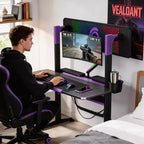 Bureau de jeu RSPGAME 54'' avec support de moniteur RVB, bureau de gamer à LED avec prise de courant, bureau d'ordinateur ergonomique avec boîtes de rangement, noir