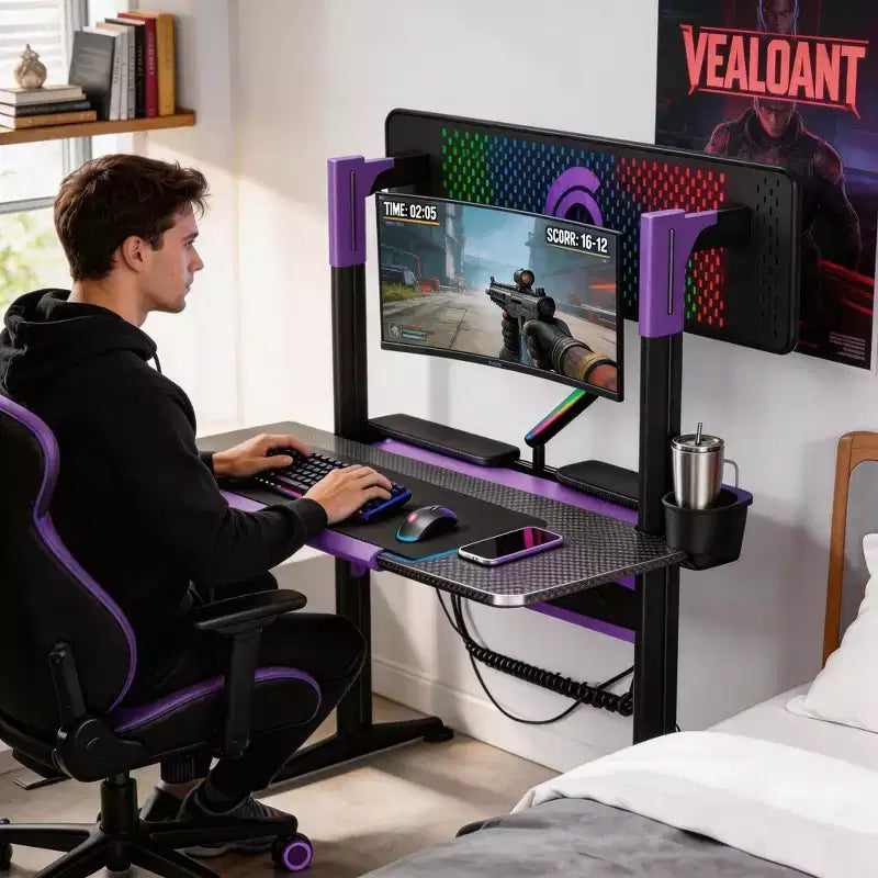 Bureau de jeu RSPGAME 54'' avec support de moniteur RVB, bureau de gamer à LED avec prise de courant, bureau d'ordinateur ergonomique avec boîtes de rangement, noir