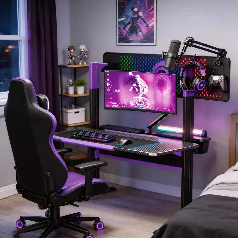 Bureau de jeu RSPGAME 54'' avec support de moniteur RVB, bureau de gamer à LED avec prise de courant, bureau d'ordinateur ergonomique avec boîtes de rangement, noir