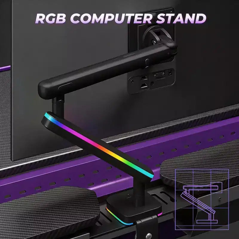 Bureau de jeu RSPGAME 54'' avec support de moniteur RVB, bureau de gamer à LED avec prise de courant, bureau d'ordinateur ergonomique avec boîtes de rangement, noir