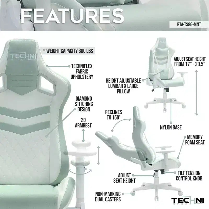 TUYOHW Chaise de jeu pivotante de 136 kg avec hauteur réglable, oreiller lombaire et appui-tête, roulettes, fauteuil de bureau ergonomique pour le bureau et la maison