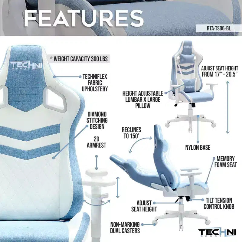 TUYOHW Chaise de jeu pivotante de 136 kg avec hauteur réglable, oreiller lombaire et appui-tête, roulettes, fauteuil de bureau ergonomique pour le bureau et la maison