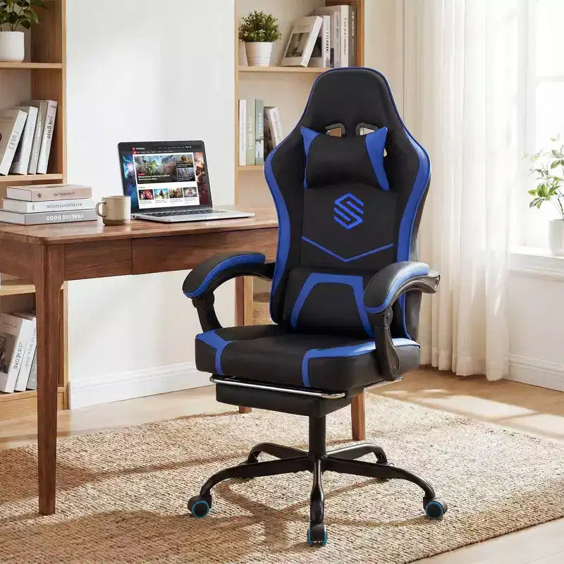 Sedia da Gaming Costway con Poggiatesta, Supporto Lombare, Braccioli a Collegamento, Schienale Reclinabile Bianco e Nero/Blu Marino e Nero