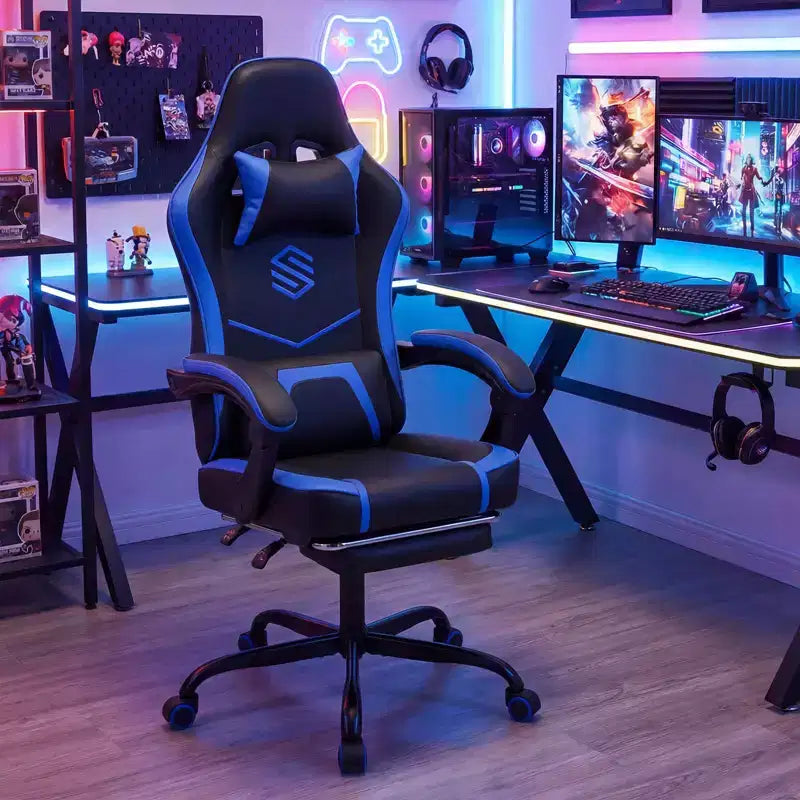 Sedia da Gaming Costway con Poggiatesta, Supporto Lombare, Braccioli a Collegamento, Schienale Reclinabile Bianco e Nero/Blu Marino e Nero