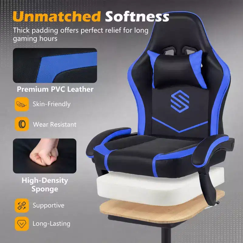 Sedia da Gaming Costway con Poggiatesta, Supporto Lombare, Braccioli a Collegamento, Schienale Reclinabile Bianco e Nero/Blu Marino e Nero