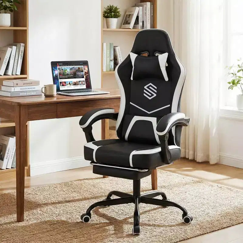 Sedia da Gaming Costway con Poggiatesta, Supporto Lombare, Braccioli a Collegamento, Schienale Reclinabile Bianco e Nero/Blu Marino e Nero