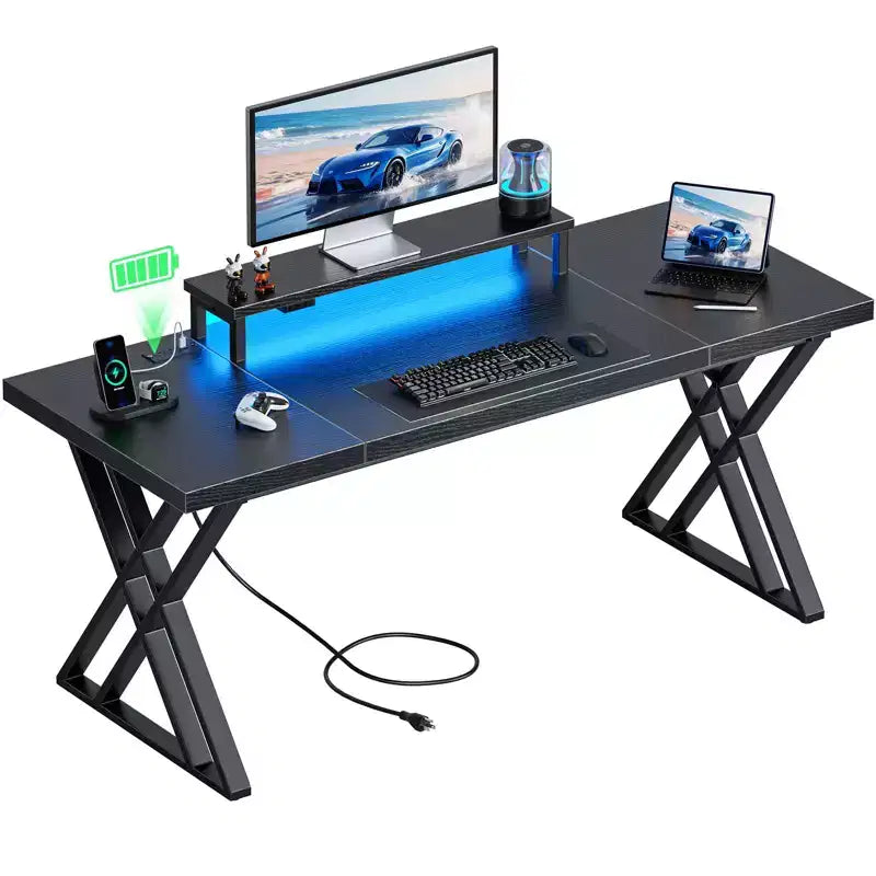 Bureau de Gamer TUYOHW,Bureau Informatique avec Support Moniteur,Structure en X,Station de Recharge USB,Bande Lumineuse LED,Plateau Épais,Bureau d'Écriture pour le Bureau