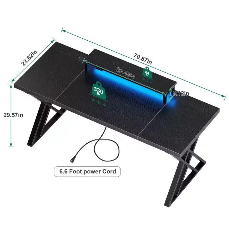 Bureau de Gamer TUYOHW,Bureau Informatique avec Support Moniteur,Structure en X,Station de Recharge USB,Bande Lumineuse LED,Plateau Épais,Bureau d'Écriture pour le Bureau