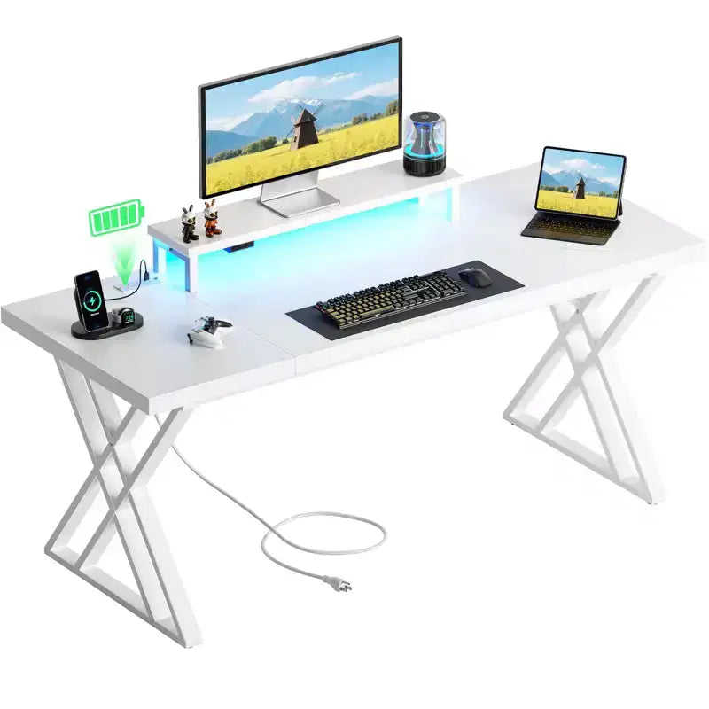 Bureau de Gamer TUYOHW,Bureau Informatique avec Support Moniteur,Structure en X,Station de Recharge USB,Bande Lumineuse LED,Plateau Épais,Bureau d'Écriture pour le Bureau