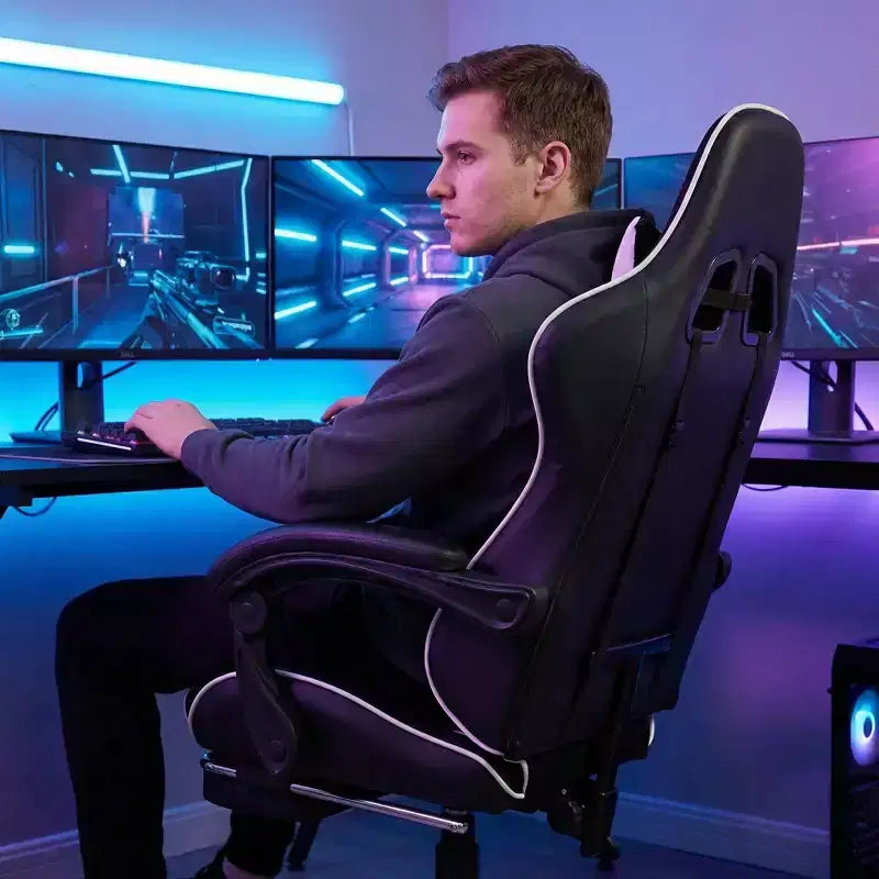 Sedia da gaming stile racing, sedia e-sports ergonomica con massaggio, pelle PU, schiuma stampata ad alta densità, comoda e sicura, bianca