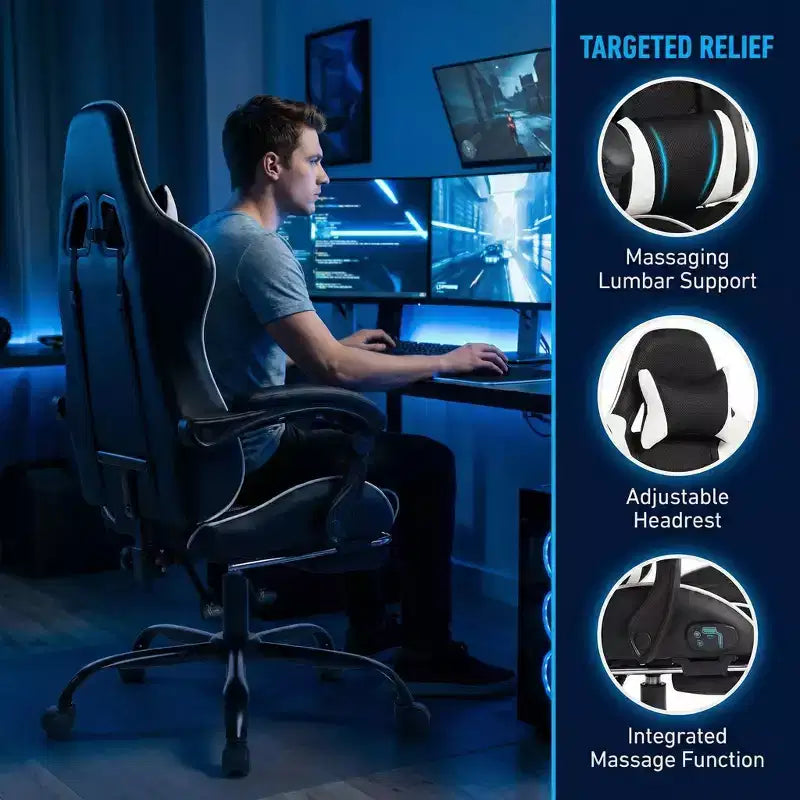Sedia da gaming stile racing, sedia e-sports ergonomica con massaggio, pelle PU, schiuma stampata ad alta densità, comoda e sicura, bianca