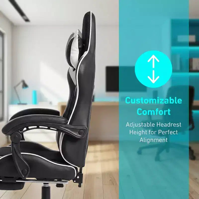 Sedia da gaming stile racing, sedia e-sports ergonomica con massaggio, pelle PU, schiuma stampata ad alta densità, comoda e sicura, bianca